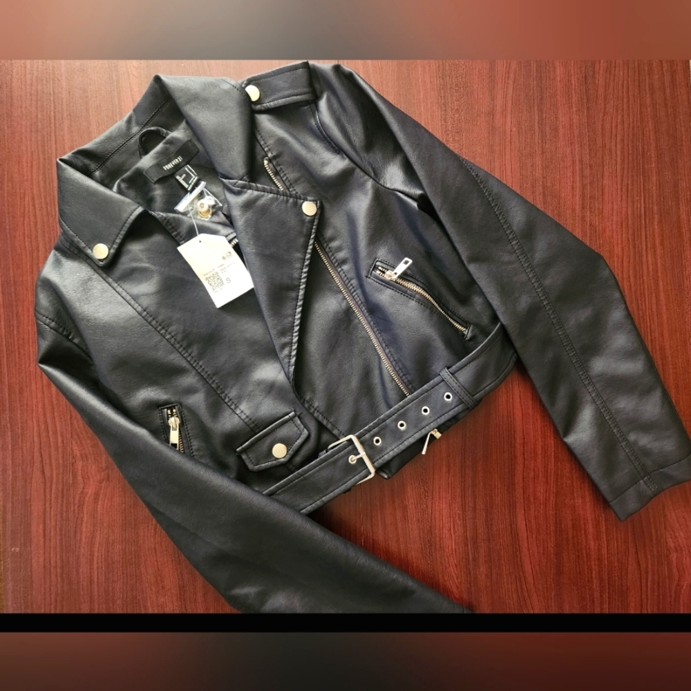 NWT Black Belted Faux Leather Jacket Forever 21